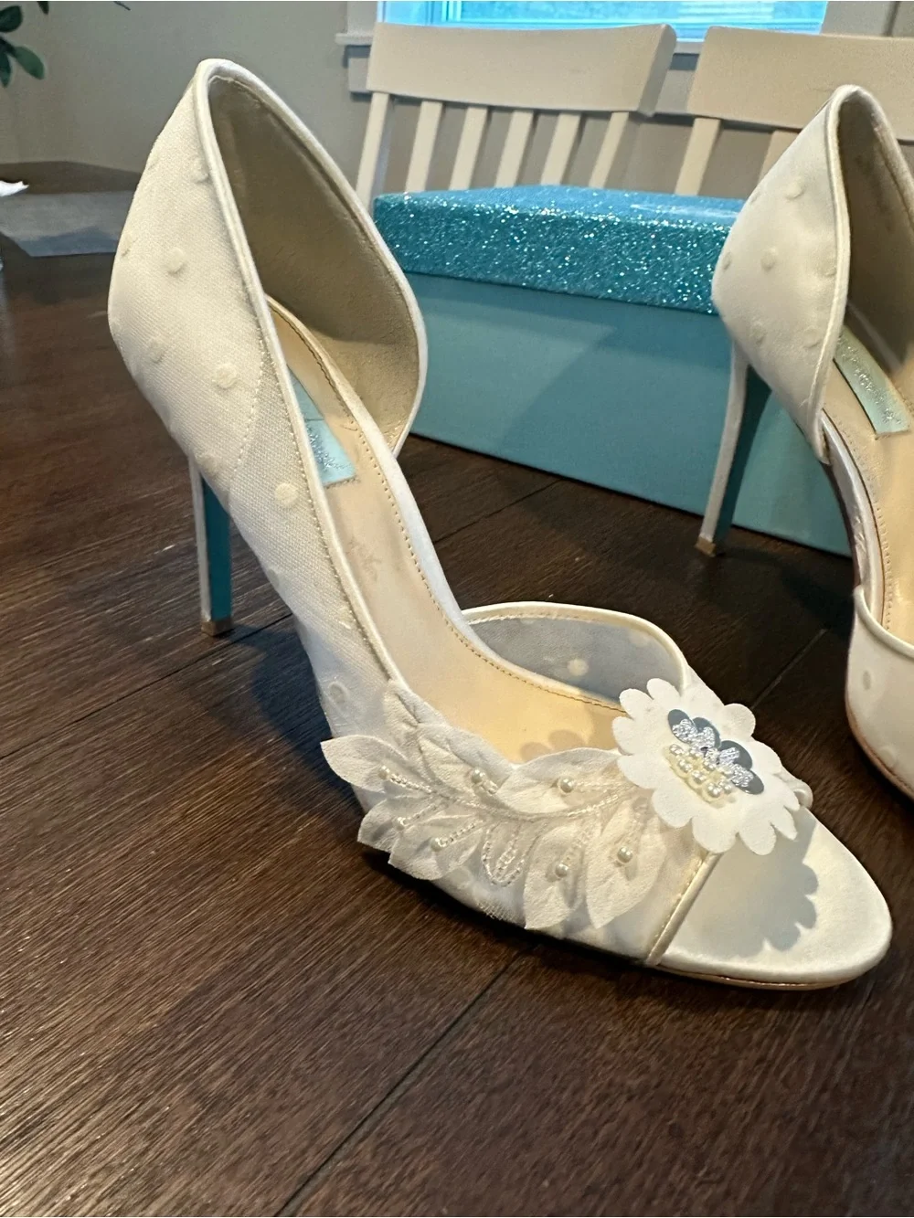 Betsey Johnson Anise Ivory Floral Embellished Heels with Box